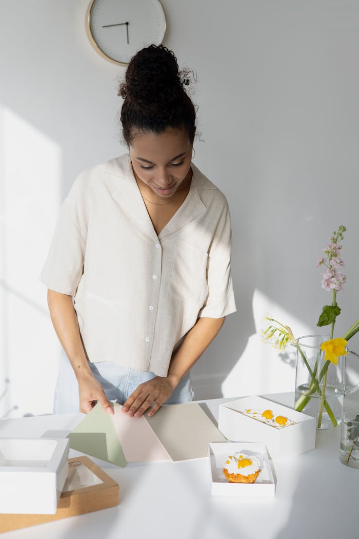 A young woman packages cupcakes in a sunlit modern kitchen with flowers nearby.